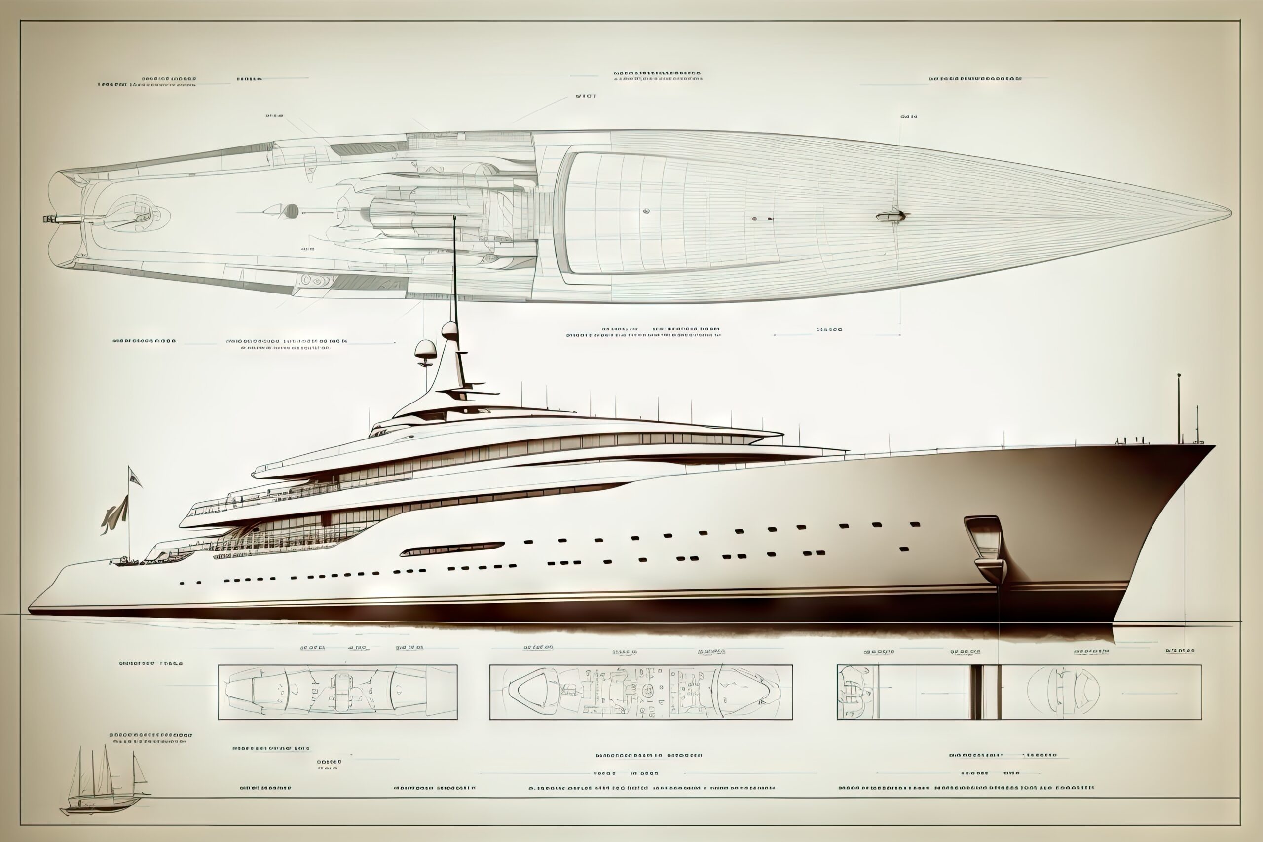 yacht design drawn with architectural drawings for inspiration and reference
